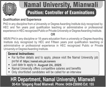 Jobs in Namal University Mianwali